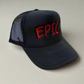 Black cap with red 'EPIC' text on a wooden surface