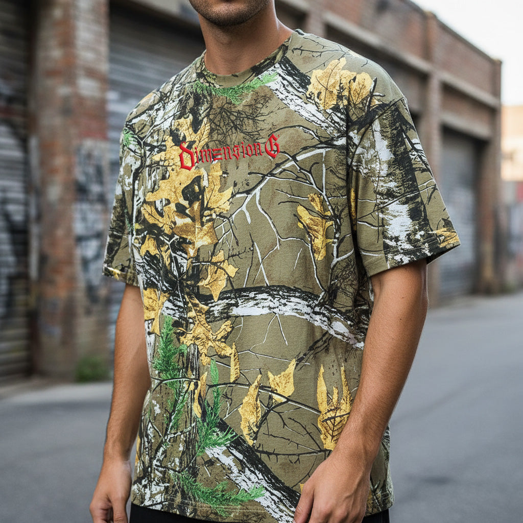 Person wearing a camouflage t-shirt with a brand logo in an urban setting