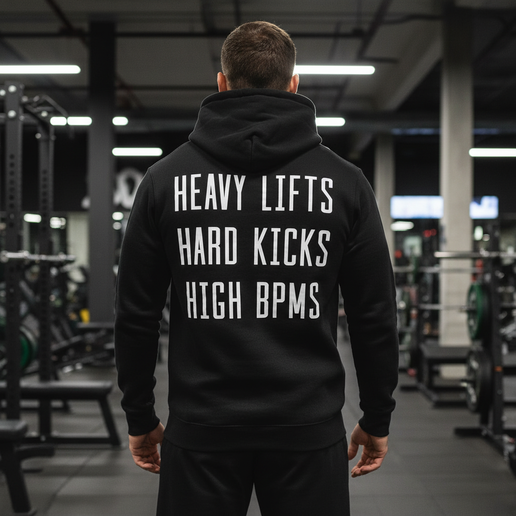 Heavy Lifts Hard Kicks High BPMs Hoodie - Back View Standing