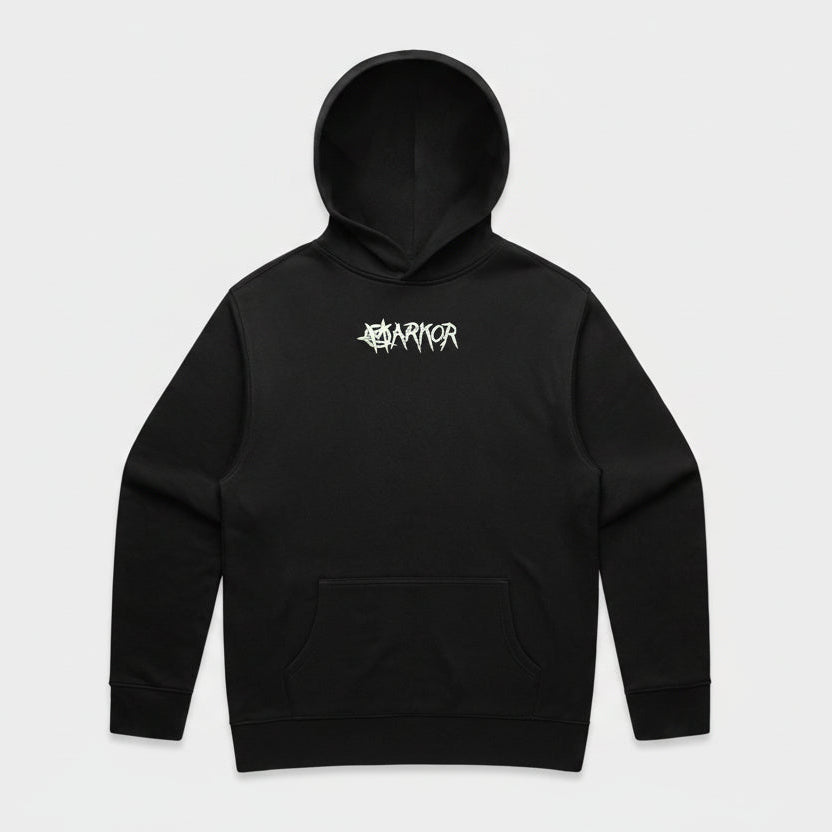 A black pullover hoodie with a white stylized 'MARKOR' graphic embroidered on the chest, displayed against a solid white background.